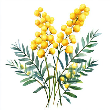 Bright yellow flowers arranged artistically with green leaves in a simple design