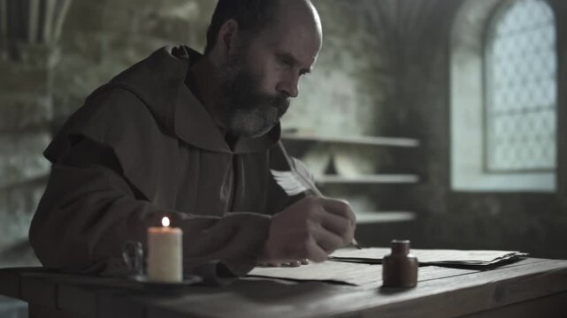 Medieval scribe copying text from liturgical pages with a goose quill next to a burning candle on a wooden table, inside a dark scriptorium, medium shot