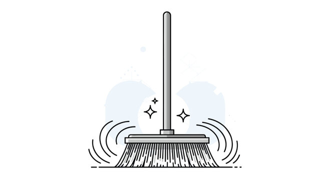 Simple grey broom is shown in the act of sweeping the floor with motion lines and sparkles indicating cleanliness.
