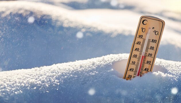 Winter Background With Thermometer In Clean Shiny Snow