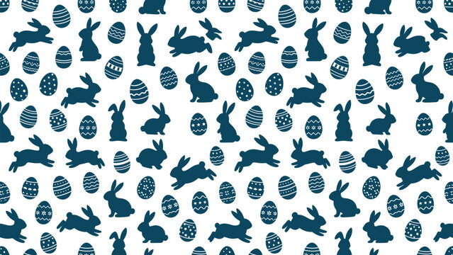 Seamless blue Easter pattern featuring rabbit silhouettes and decorated eggs for fabric, wallpaper, and gift wrap. Vevtor EPS illustration.