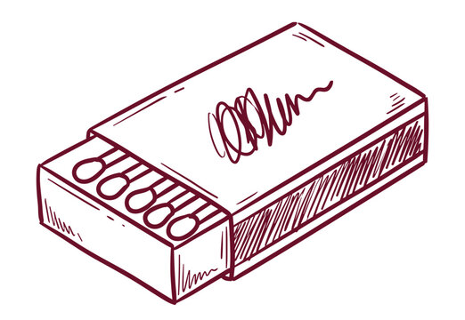 Sketchy matchbox illustration in burgundy ink showing matches inside for vintage art style.