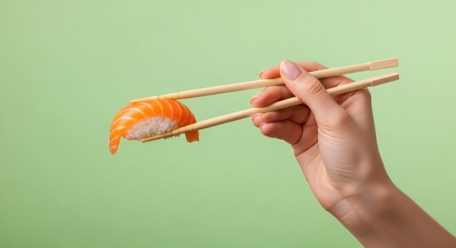 Hand Holding Salmon Nigiri Sushi with Chopsticks Against Green Background.