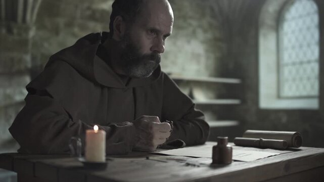 Monastic scribe praying with a rosary, gazing ahead, sitting at a wooden desk with scrolls, against the blurry background of a silent library