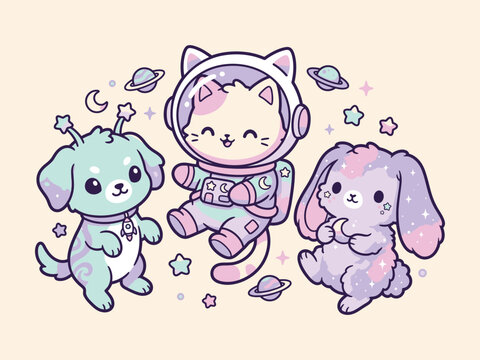 Cartoon cat and cute animal friends.
