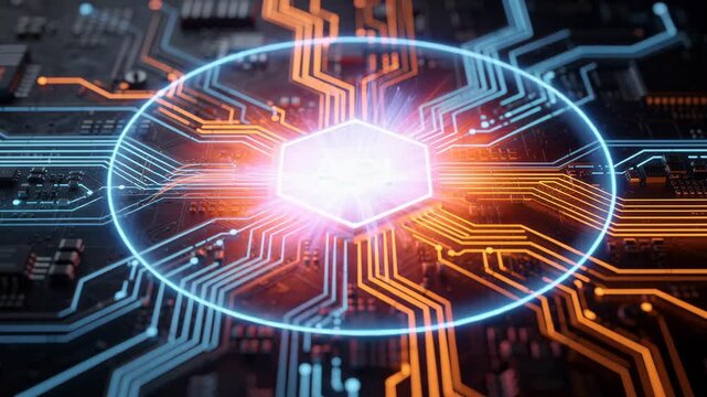 Futuristic glowing circuit board with API technology concept and digital data connections