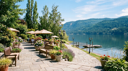 Serene lakeside patio with outdoor seating and lush greenery on a sunny day