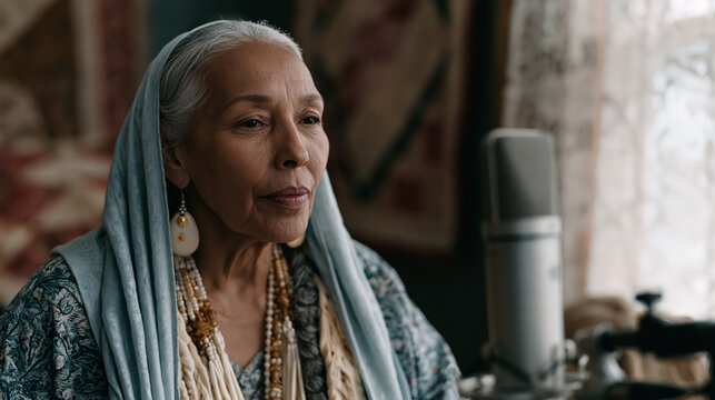Cherokee Nation linguists recording an elder grandmother conjugating verbs into a directional microphone in her living room, handmade quilts behind her, winter light through lace
