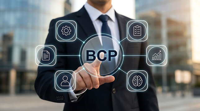 Businessman pointing at BCP business continuity plan virtual screen icon concept
