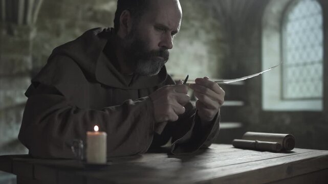 Medieval monk in a brown habit with a penknife making a scoop cut on a goose feather quill shaft on a table next to a burning candle, inside a dark monastery scriptorium, medium shot