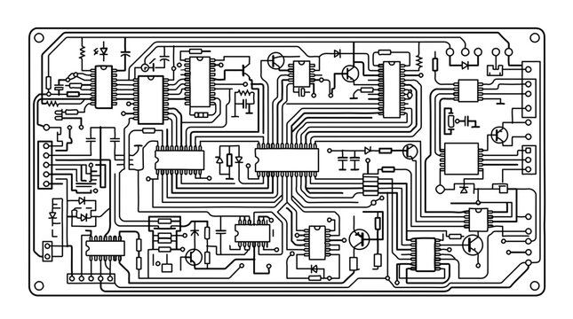 Technical schematic of a complex electronic printed circuit board