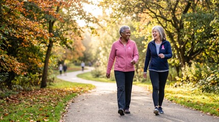 Fototapeta premium Two mature women walking together on a scenic autumn path