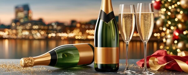 Fototapeta premium Luxury New Year champagne celebration with two flutes, bottle and festive holiday lights