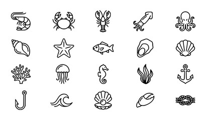 Seafood and Marine Life Line Icon Set with Shrimp Crab Lobster Squid Octopus and Seashell Vector Collection © Md