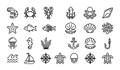 Minimal Seafood Marine Animal Line Icon Set with Shrimp Crab Lobster Squid Octopus and Seashell Symbols EPS Vector Collection © Md