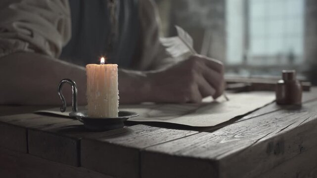 Burning candle on a rustic wooden table against the blurred background of a medieval inventor drawing a wing design with a quill pen