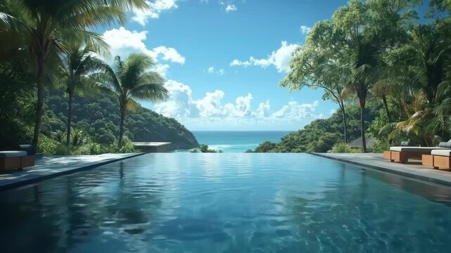 Tropical infinity pool overlooking ocean with palm trees and lounge chairs