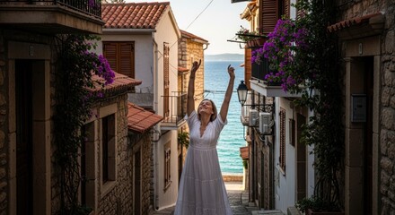 Obraz premium Joyful Woman in White Dress Celebrates in Picturesque Mediterranean Alleyway.