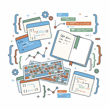 Colorful illustration of coding and programming.
