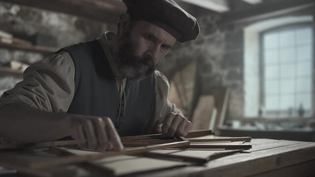 Medieval master checking the smoothness of a wooden wing frame component with a finger on a rough table inside a workshop