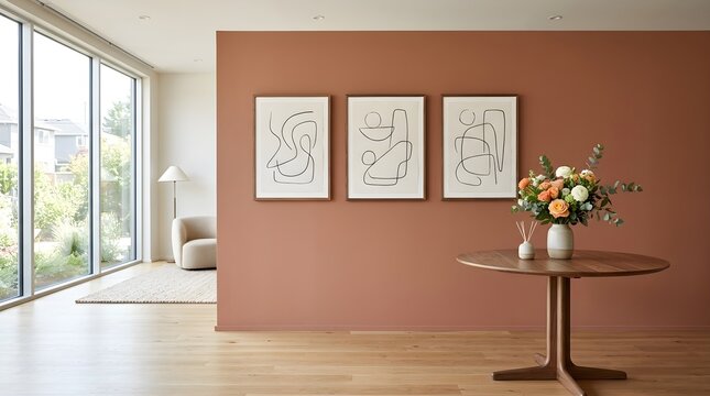 A warm, inviting space with a terracotta wall, three framed abstract line drawings, and a round wooden table centerpiece.