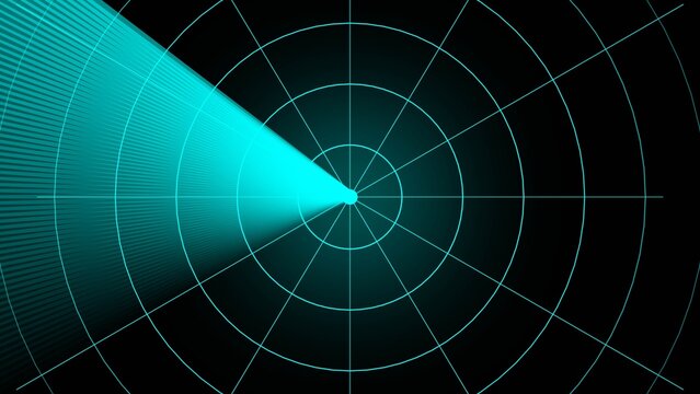 Cyan radar screen with bright scanning beam and concentric circles. Futuristic turquoise tracking interface. Still graphic for sonar technology and navigation.