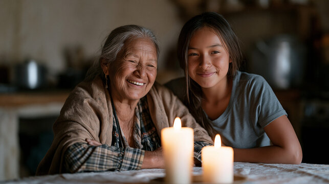 Elderly Zapotec grandmother laughing as her teenage granddaughter mispronounces a tonal word wrong at a candlelit kitchen table, generations bridging language gaps with warm