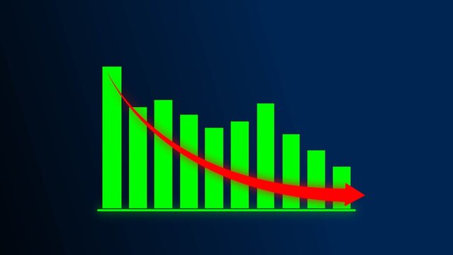 Green bar chart with a red downward arrow showing falling business results on a dark blue background