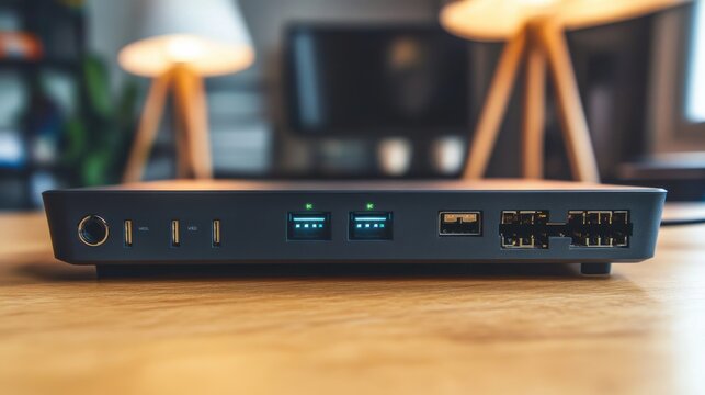 Closeup of a DSL modem with ports on a wooden desk
