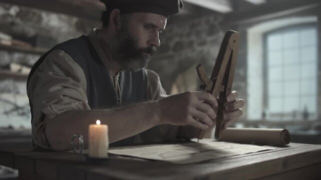 Medieval scholar adjusting a wooden compass and checking dimensions on a flying machine blueprint next to a burning candle on a rough table inside a workshop