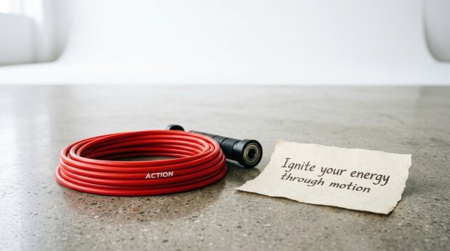 Red jump rope and motivational note on minimalist surface