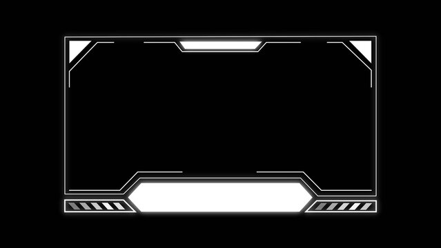 Futuristic black ui frame with glowing white sci fi border and empty center, ideal for game interface, tech display, or video overlay.
