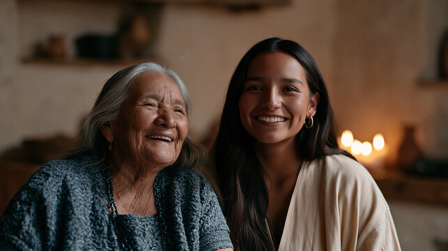 Elderly Zapotec grandmother laughing as her teenage granddaughter mispronounces a tonal word wrong at a candlelit kitchen table, generations bridging language gaps with warm