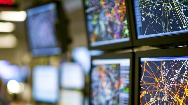 Screens display air traffic control data for aviation management