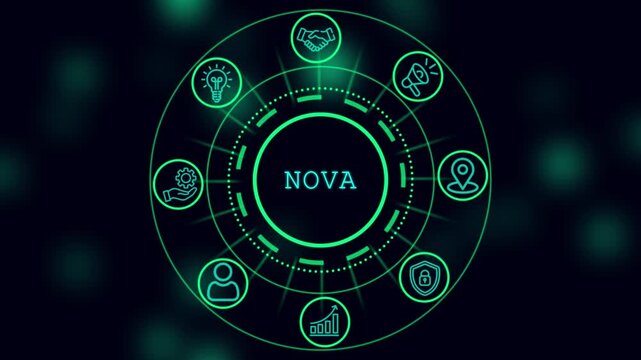 Digital business ecosystem infographic with glowing neon and central nova branding for corporate tech presentations