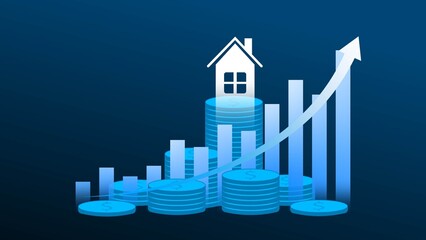Fototapeta premium House icon on stacked coins with rising bar chart and upward arrow, showing real estate growth, investment profit, and housing market rise