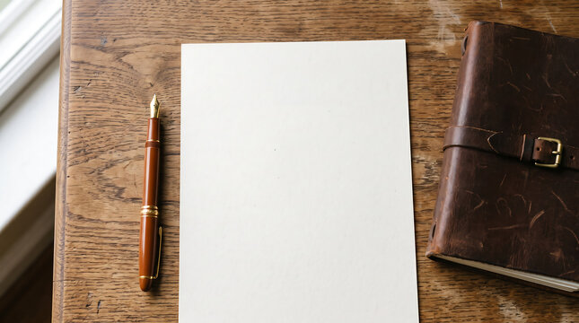 A blank white paper sheet beside a brown fountain pen and a vintage leather journal