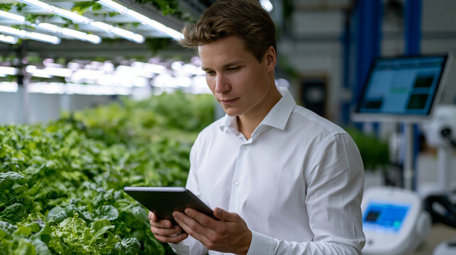 Agritech vertical farming operation inside a converted industrial warehouse glows with calibrated grow-light arrays above rows of leafy greens monitored by autonomous nutrient-dosing robots, a farm 