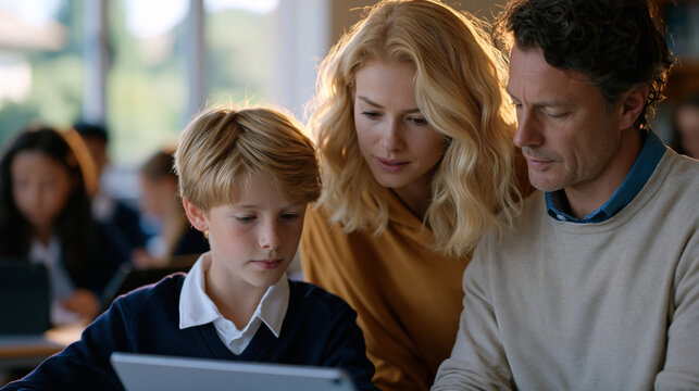EdTech adaptive learning engine generates a personalized math remediation path for a student based on diagnostic quiz results, the teacher reviewing the algorithmic recommendation beside the child a