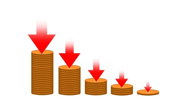 Falling coin stacks with red downward arrows, showing financial decline, loss, and recession concept on a white background.