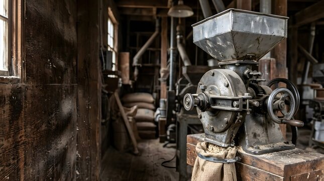 restored vintage grain milling machine inside traditional flour processing workshop preserving historic industrial manufacturing heritage