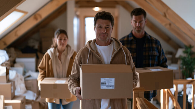 Two homeowners carrying cardboard boxes down from a cluttered attic on a cool September afternoon, a staging area of sorted keep and donate piles growing in the hallway below the attic pull-down sta