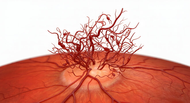 Proliferative Diabetic Retinopathy NVD Frond New Vessels 3D Render, Suitable for Science Education, Isolated on a White Background