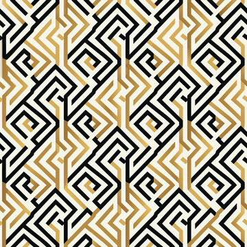 Modern seamless pattern featuring a simple repeating geometric maze structure in beige and black.