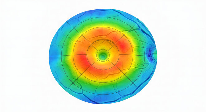 Detailed scientific 3D render of a macula retinal layer thickness color map, isolated on a white background, suitable for science education.