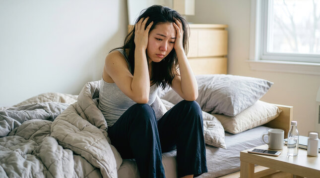 Young Asian woman sitting in bed and holding her head in pain with headache, feeling depressed 

and suffering