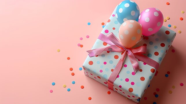 A brightly wrapped gift box with a colorful birthday