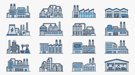 Fototapeta premium Creative Set of 16 Minimalist Line Drawn Industrial Factory and Manufacturing Facility Icons in Blue Gray Tones