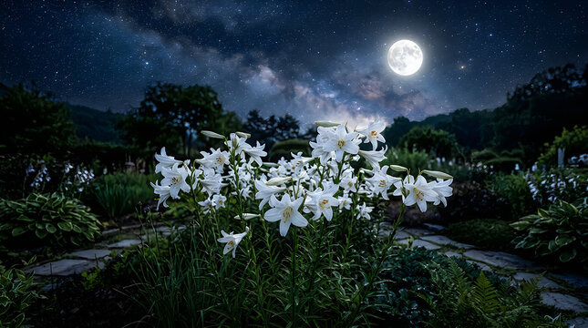 Blooming plant under moonlight in nature