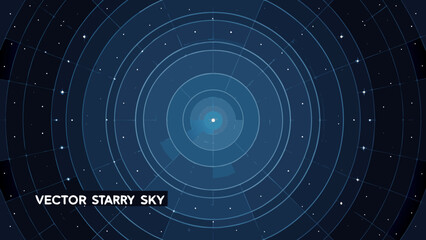 Concentric circular rings and scattered stars form a dark blue vector starry sky background astronomy celestial constellation © MINA